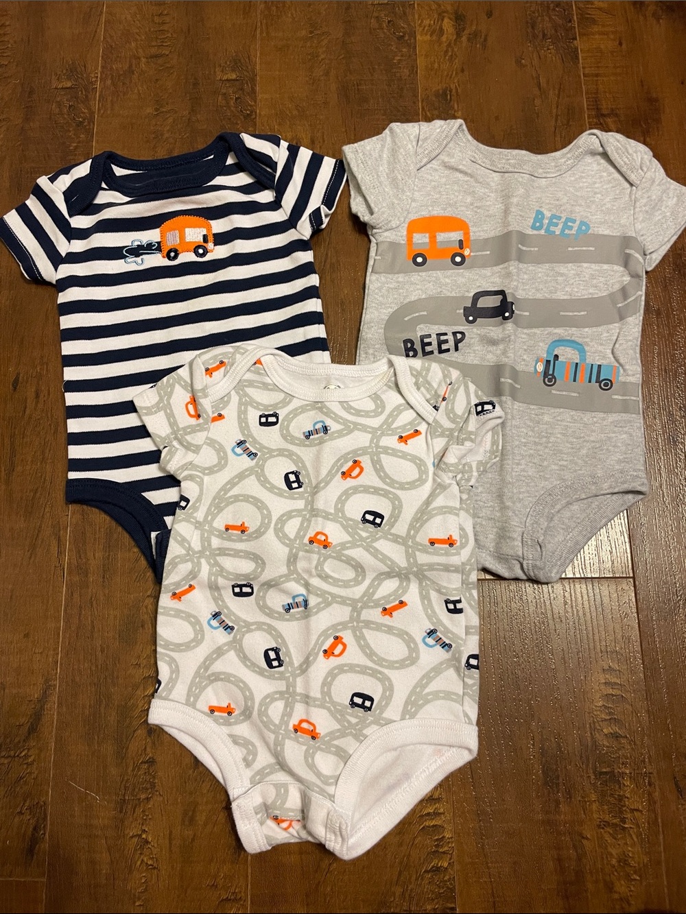 3-Pack Baby Boys' Short-Sleeve Car Print Bodysuits - Navy, Gray & White